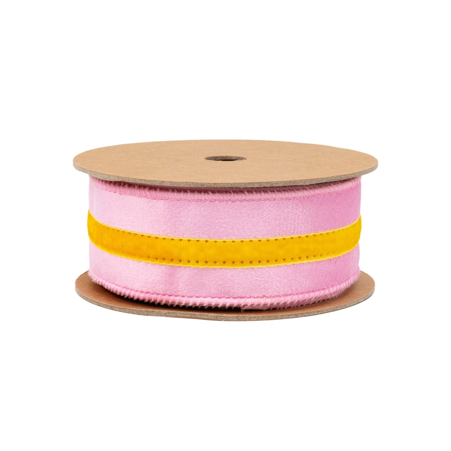 1 1/2" Wired Velvet Ribbon w/ Trim | Pink w/ Yellow Trim | 10 Yard Roll