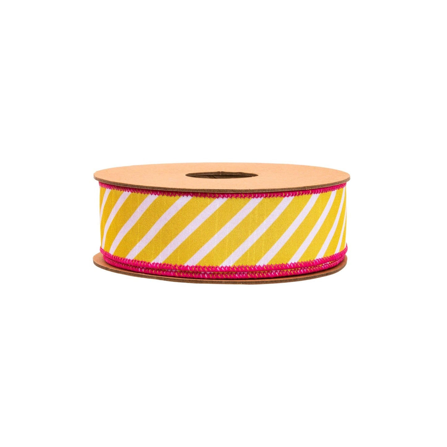 1 1/2" Wired Dupioni Ribbon | Yellow/White Diagonal Stripe w/ Pink Backing | 10 Yard Roll