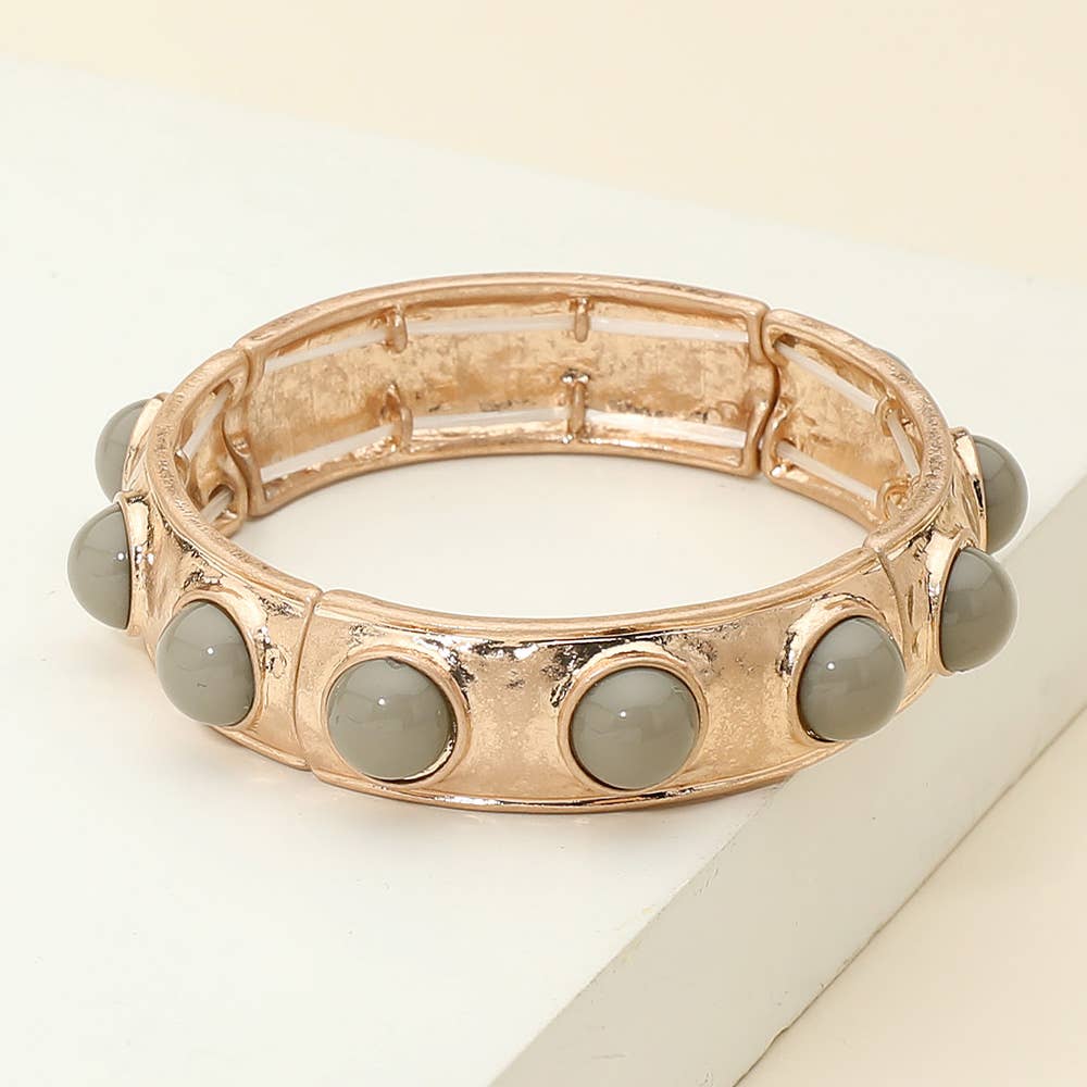 Bead Pearl Embellished Hammered Metal Stretch Bracelet