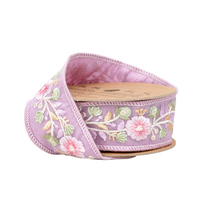 1 1/2" Wired Dupioni Ribbon | Lavender Flower Trim | 5 Yard Roll