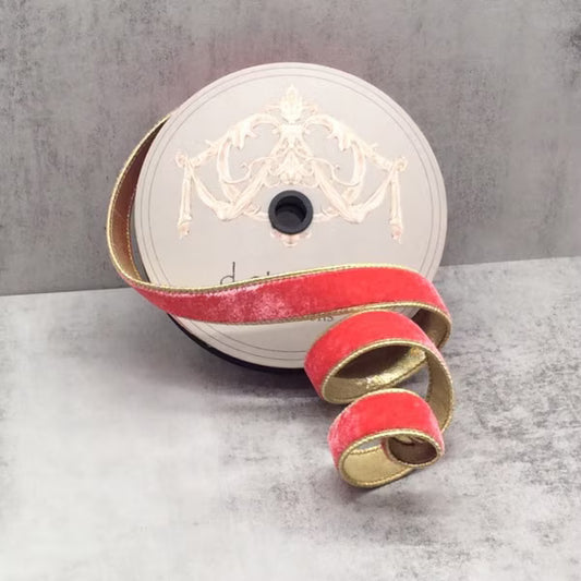 1" x 10yds Lush Velvet Metallic Gold Back, Desert Coral