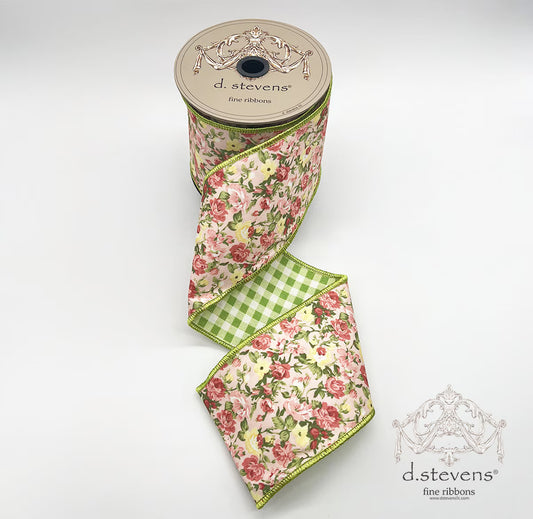 Poplin Floral Green Check Back 4"x10yds