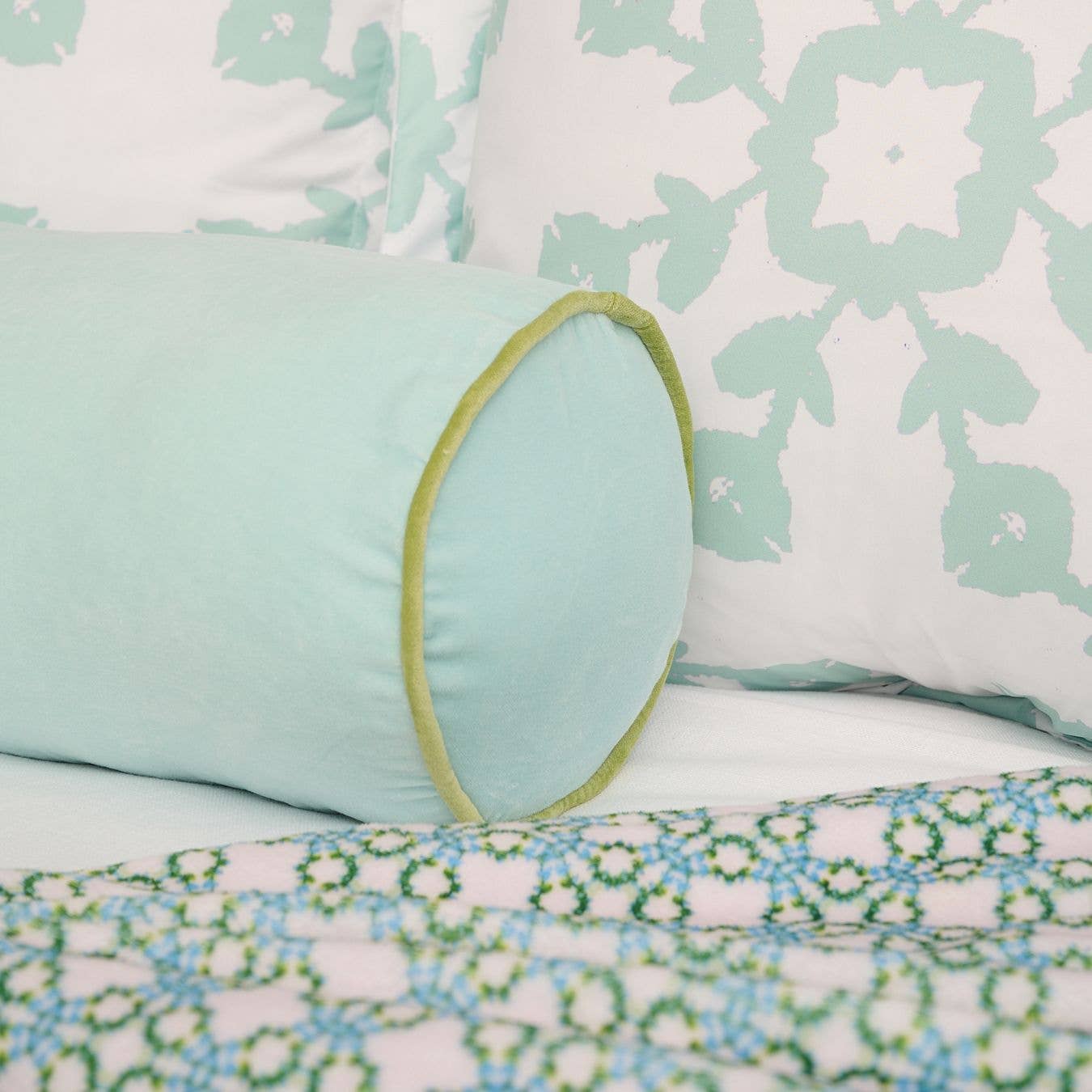 Spa Blue Velvet Bolster Pillow - Laura Park