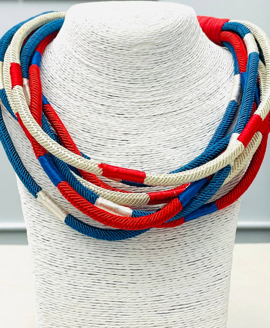 Red/Blue/Ecru Slub 8-strand Necklace