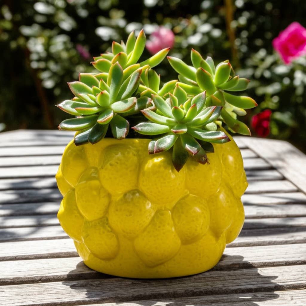 Planter Pot - Yellow Ceramic Solid Lemons Flower, 7 in.