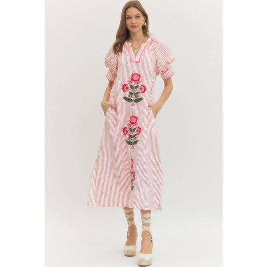 Floral embroidery Stripe midi dress