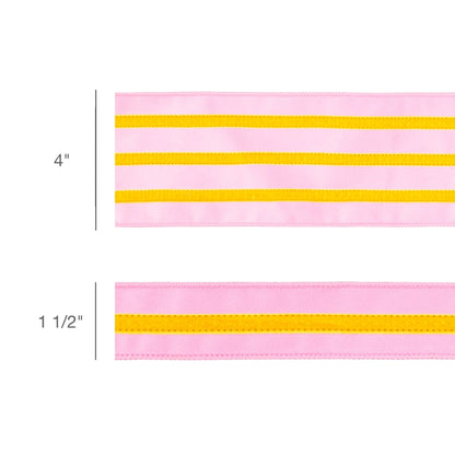 1 1/2" Wired Velvet Ribbon w/ Trim | Pink w/ Yellow Trim | 10 Yard Roll