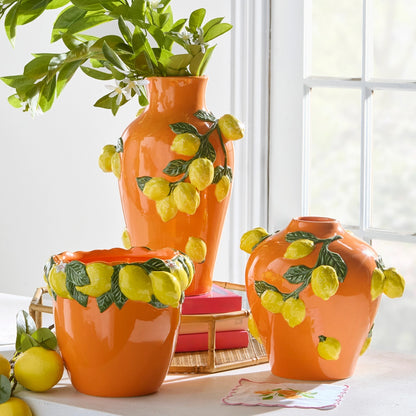 13" Orange Tall Vase with Lemons