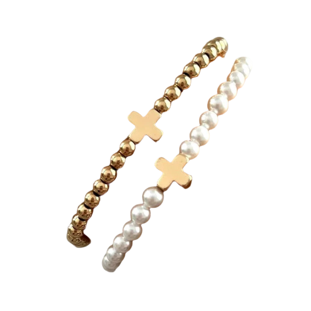 Gracie Cross Bracelet 14K Gold Plated Pearl Stretch
