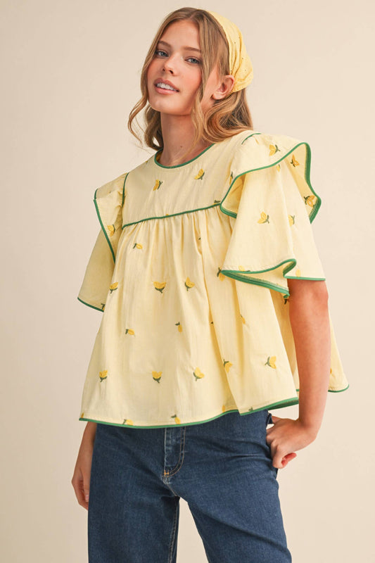 LEMON EMBROIDERY CONTRAST PIPING TOP