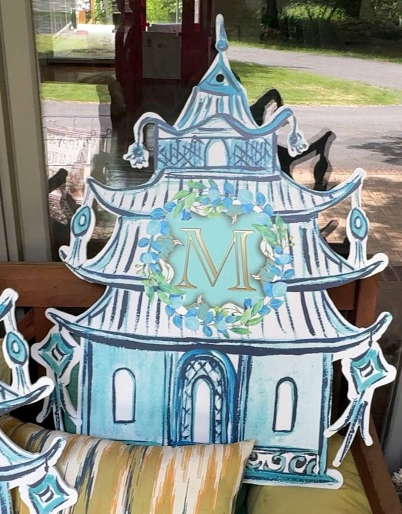 LARGE Designer Blue Pagoda Personalized Door Hanger