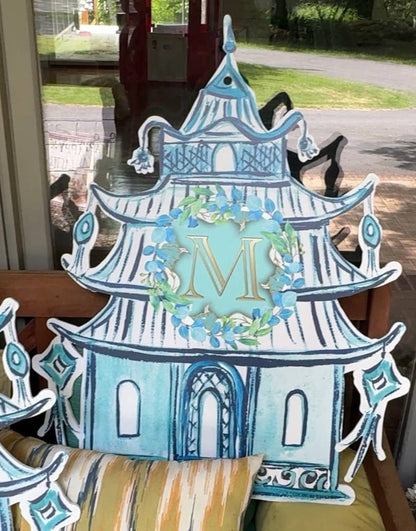 LARGE Designer Blue Pagoda Personalized Door Hanger