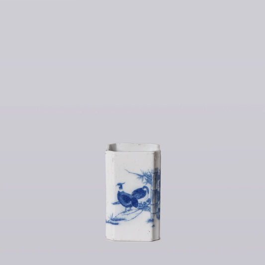 1920s Blue and White Porcelain Pheasant Square Vase