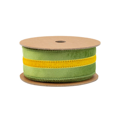 1 1/2" Wired Velvet Ribbon w/ Trim | Green w/ Yellow Trim | 10 Yard Roll