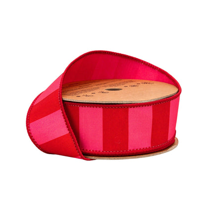 1 1/2" Wired Dupioni Ribbon | Red/Pink Wide Horizontal Stripe | 10 Yard Roll