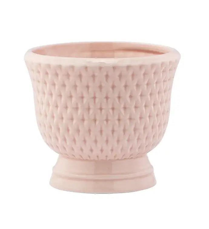 Pink Textured Pedestal Planter — Diamond Pattern