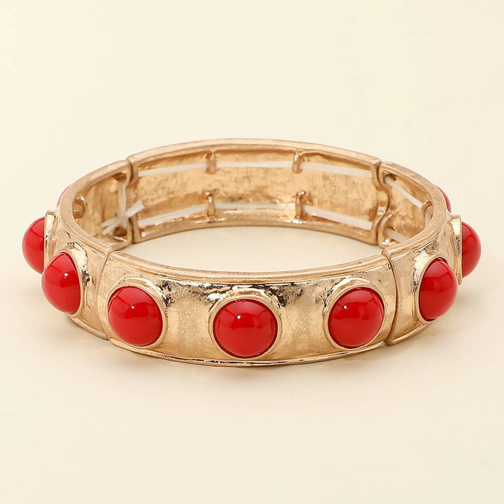 Bead Pearl Embellished Hammered Metal Stretch Bracelet