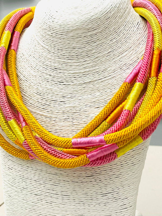 Yellow/Pink Slub 8-strand Necklace