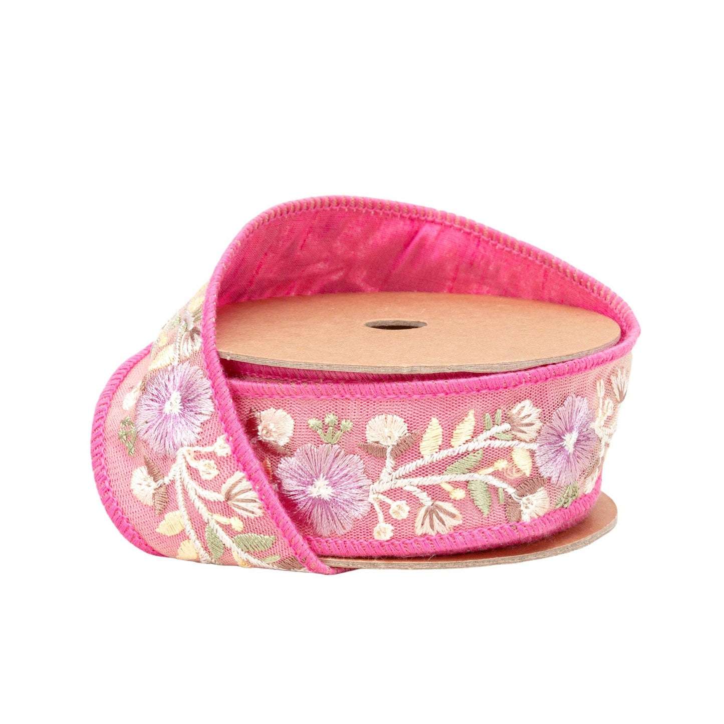 1 1/2" Wired Dupioni Ribbon | Pink Flower Trim | 5 Yard Roll