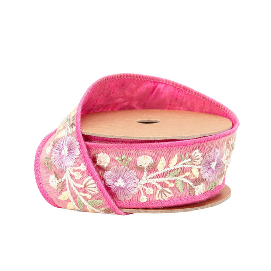 1 1/2" Wired Dupioni Ribbon | Pink Flower Trim | 5 Yard Roll