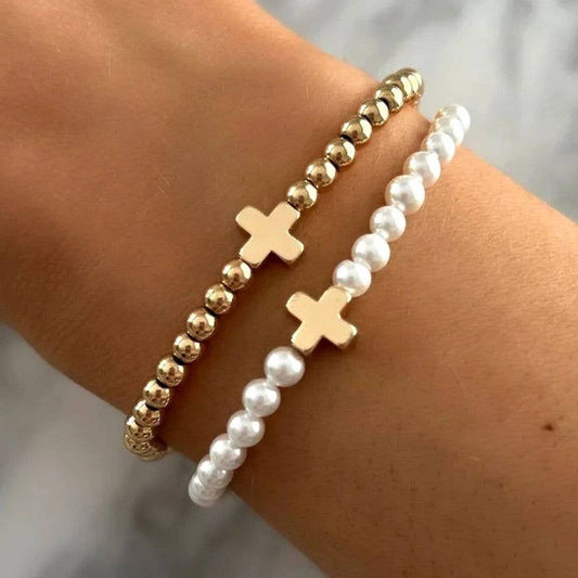 Gracie Cross Bracelet 14K Gold Plated Pearl Stretch