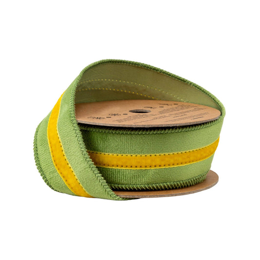 1 1/2" Wired Velvet Ribbon w/ Trim | Green w/ Yellow Trim | 10 Yard Roll