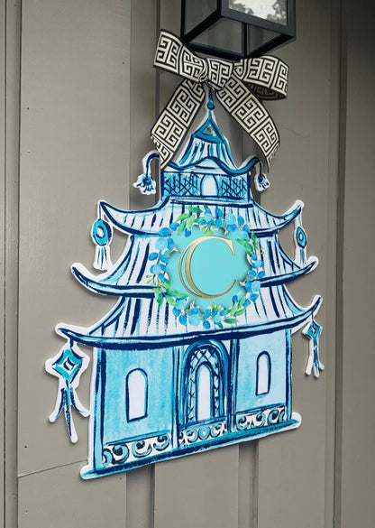 LARGE Designer Blue Pagoda Personalized Door Hanger