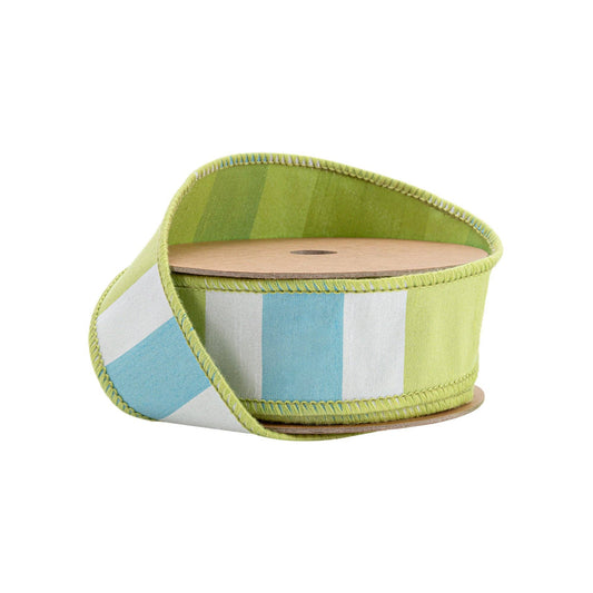 1 1/2" Wired Ribbon | Green/White/Blue Large Horizontal Stripe w/ Green Backing | 10 Yard Roll