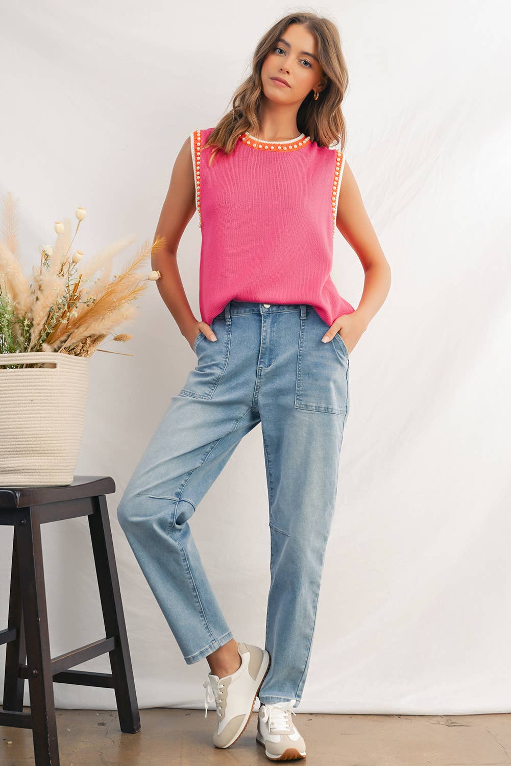 Solid Beaded Shift Sweater Vest