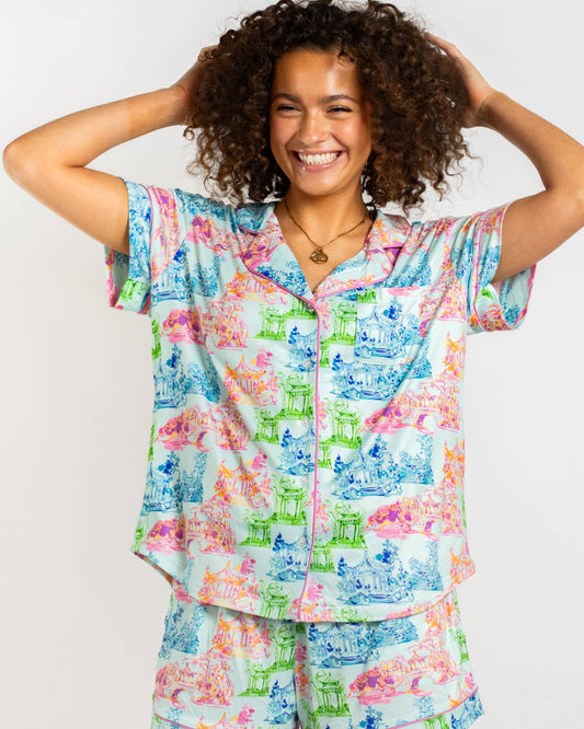 Maya Short Sleeve Button Up Sleep Shirt   Aqua/Multi