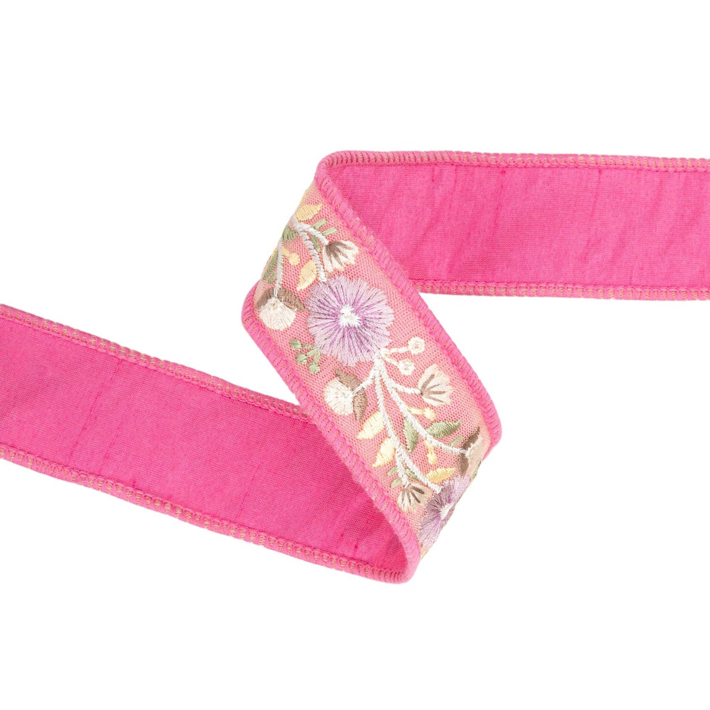 1 1/2" Wired Dupioni Ribbon | Pink Flower Trim | 5 Yard Roll