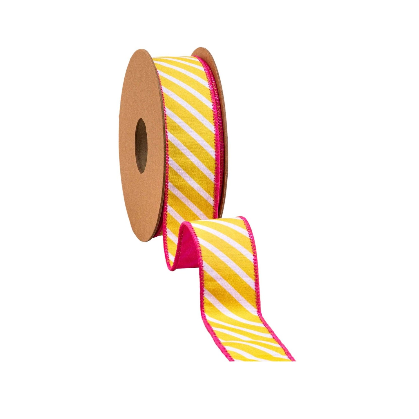 1 1/2" Wired Dupioni Ribbon | Yellow/White Diagonal Stripe w/ Pink Backing | 10 Yard Roll
