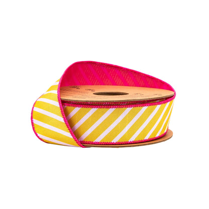1 1/2" Wired Dupioni Ribbon | Yellow/White Diagonal Stripe w/ Pink Backing | 10 Yard Roll