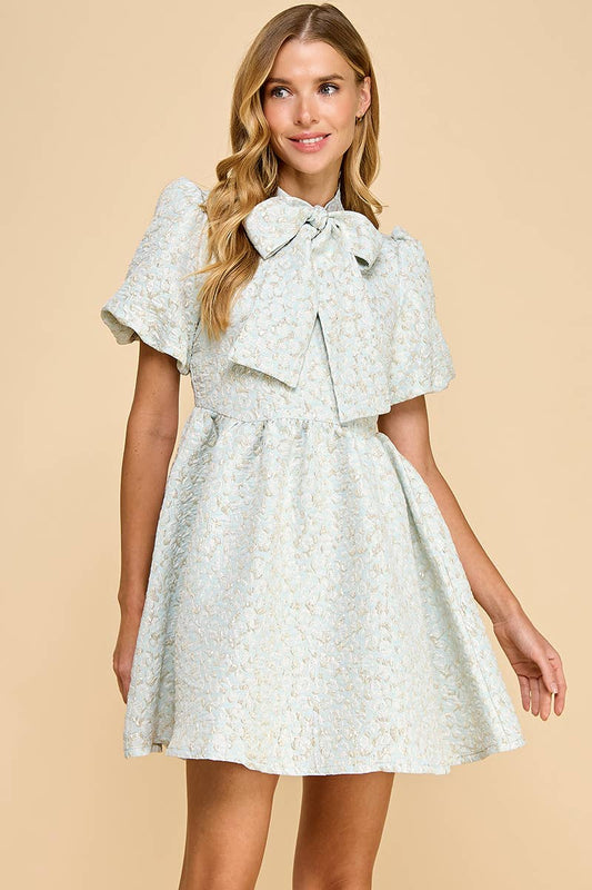 CD05250-Jacquard Puff Sleeve Bow Detail Dress