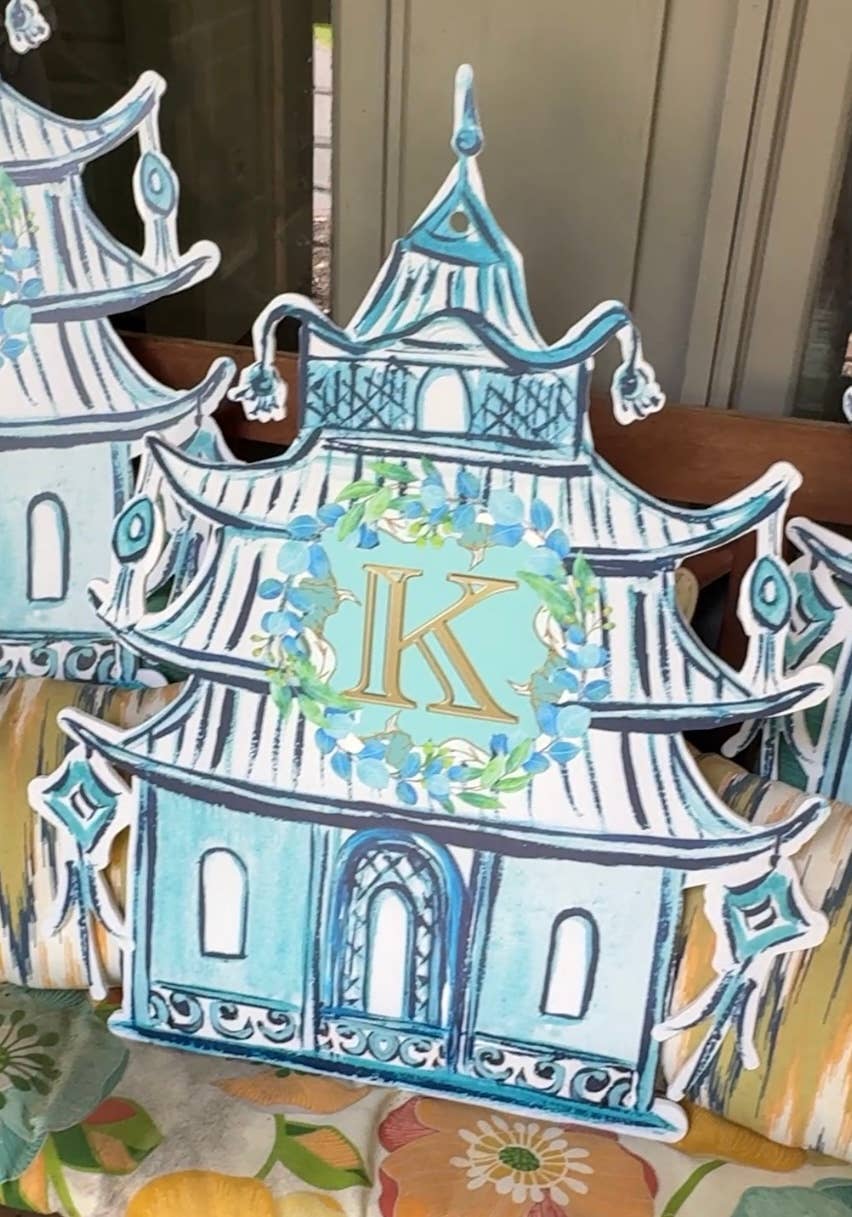 LARGE Designer Blue Pagoda Personalized Door Hanger
