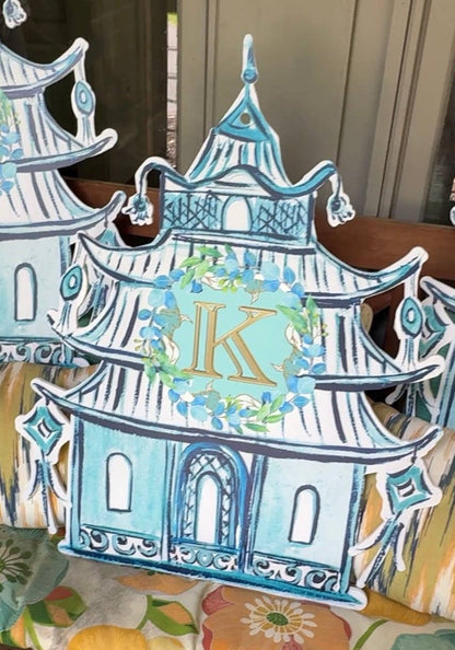 LARGE Designer Blue Pagoda Personalized Door Hanger