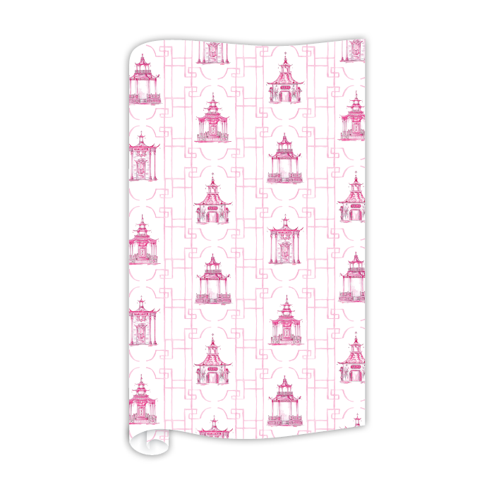 Handpainted Pagodas with Cane Border Pink Wrapping Paper