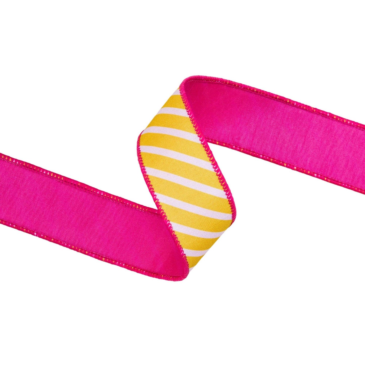 1 1/2" Wired Dupioni Ribbon | Yellow/White Diagonal Stripe w/ Pink Backing | 10 Yard Roll